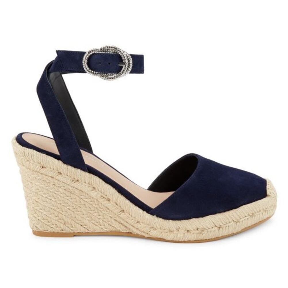 Stuart Weitzman Crystal Buckle Espadrille Wedges Navy